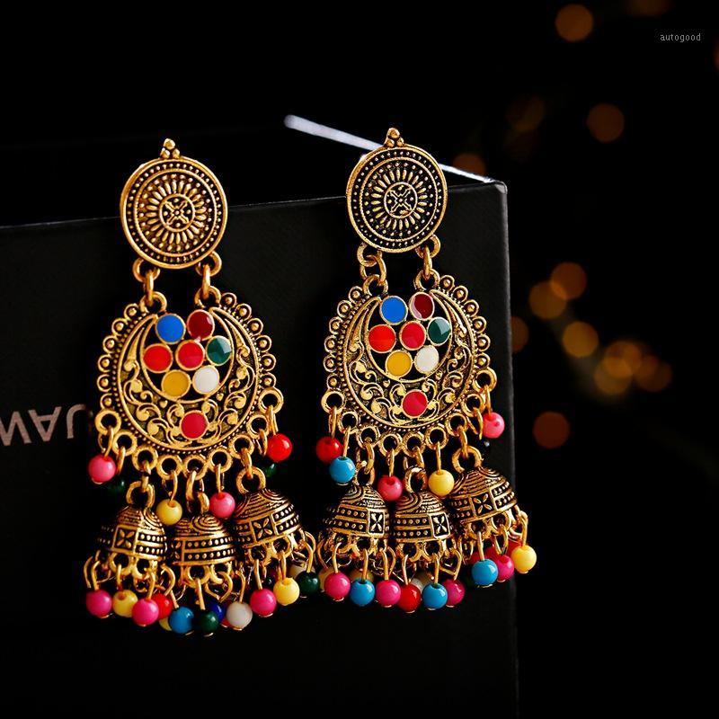 

Dangle & Chandelier Women's Retro Tassel Earrings Ethnic Ladies Gold Bell Multicolor Beads Hollow Jhumka Gypsy Jewelry1