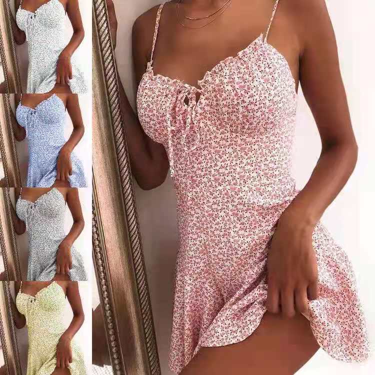 

2021 summer new style sexy sling floral dress short hot sale mini V-neck, Black;gray
