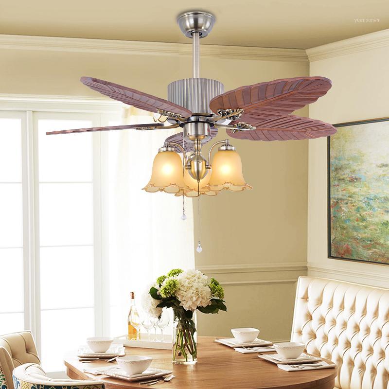 

European-style Wood Carving Leaf Fan Light Living Dining Room Home Decor Remote Control Ceiling Fan Light LED E27 Lamp1