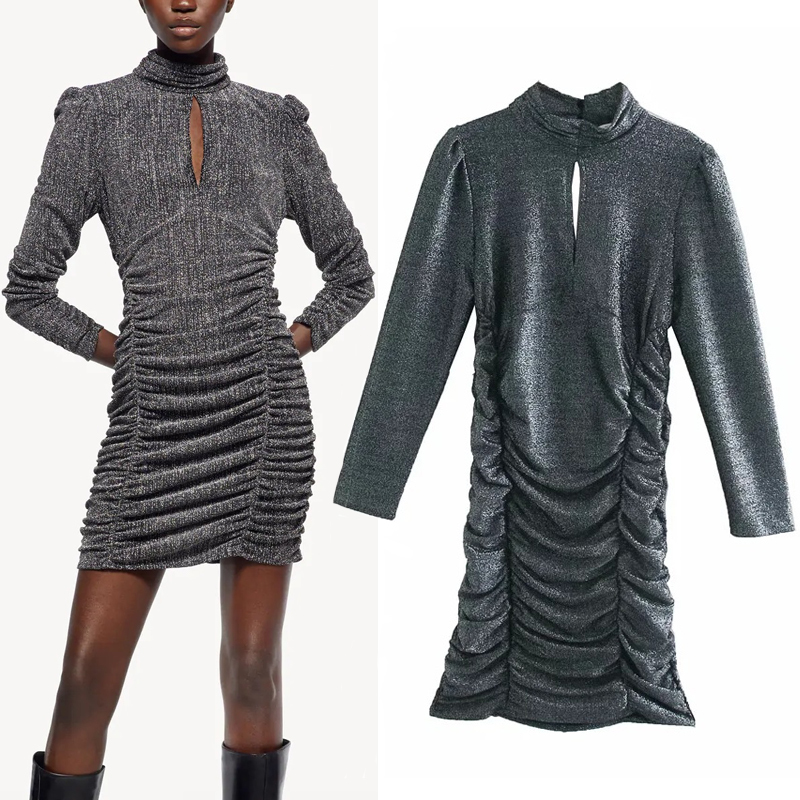 

2021 New Black Metallic Thread Draped Mini Women Y2k High Neck Chest Slit Long Sleeve Ruched Short Dress Sexy Party Dresses C6qf