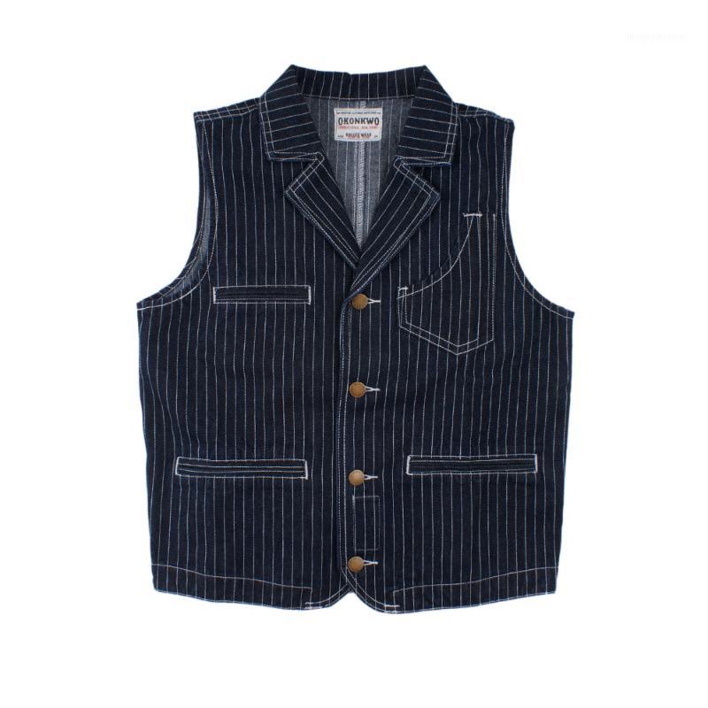 

2018 Autumn Winter Vintage Denim Stripe Vest Men Cargo Slim Men Waistcoat Turn-down Collar Multi Pocket Suit Vest Mens Clothing1