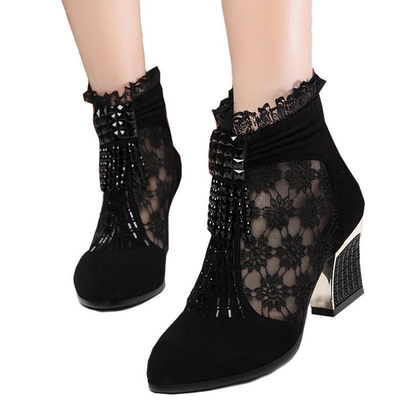 

Genuine Leather Lace Cut Out Beading Buckle Grenadine Thick Mid Heel Summer Cutout Ankle Sandals Boots 33-41 SXQ0523, Black