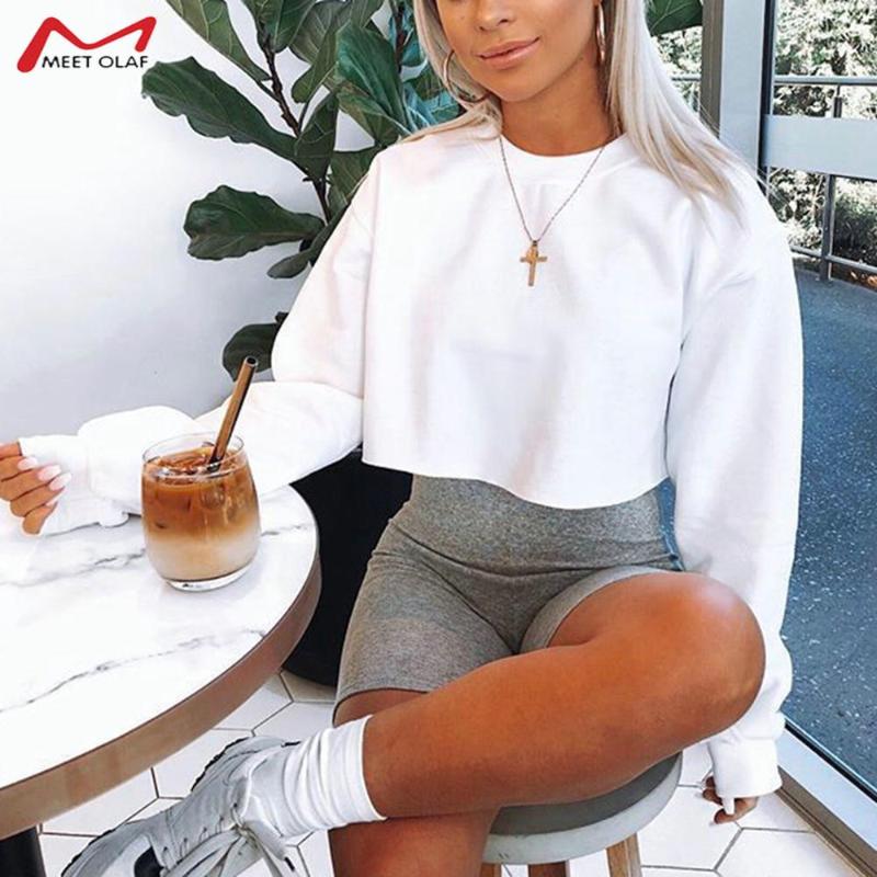 

2020 Autumn New Short Solid Long Sleeve Hoodie Sexy Midriff Cropped Hoodies Sweatshirt Pullover Female Tops Streetwear CA3485, Black