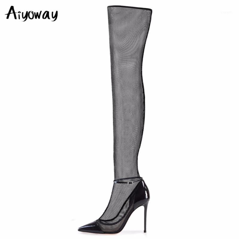 

Aiyoway 2021 Fashion Fishing Net Thigh High Boots Over The Knee Women Sexy Pointed Toe Black Summer Party Wedding Shoes1