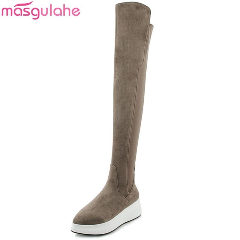 

Masgulahe fashion 2020 new over the knee boots pointed toe zip stretch fabric+suede leather boots flat wit thight height, Black