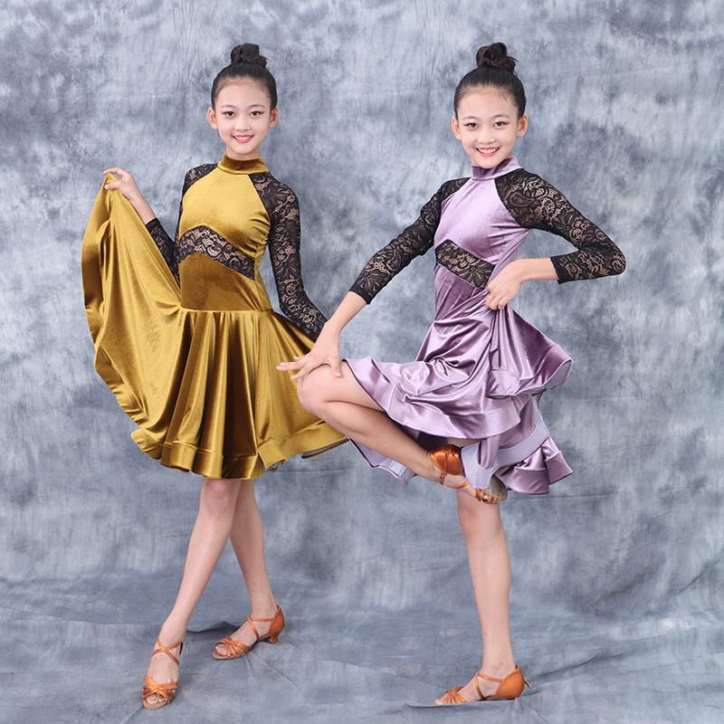 

2020 Fashion Latin Dance Dress For Girls Velvet Lace Salsa Dance Dress Robe Danse Skirt Cha Cha Rumba Samba Wear, As picture
