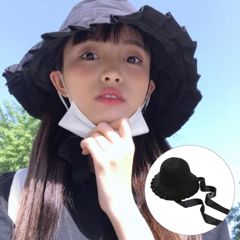 

Wide Brim Hats Summer Women Girl Flounce Cap Anti-UV Outdoor Beach Bucket Hat Sunhat, White