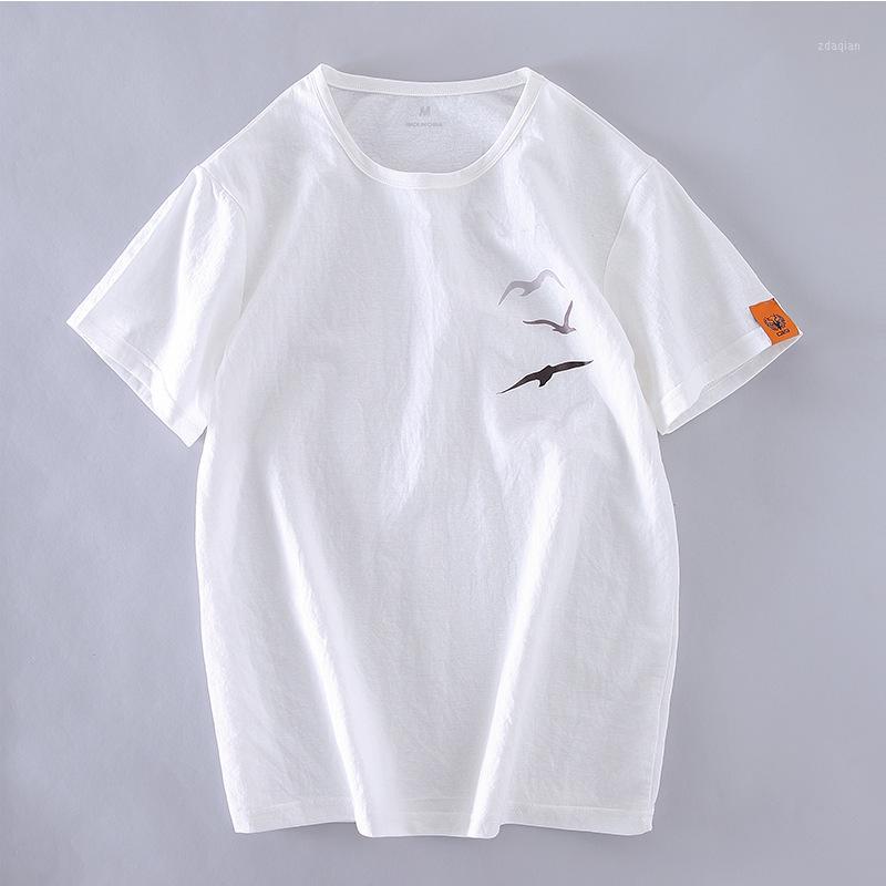 

H801 Flax Short Sleeve T-Shirt Men'S Simple Japanese-Style White Cotton Linen Half Slim Fit Crew Neck Seagull-Soft T-Shir -401