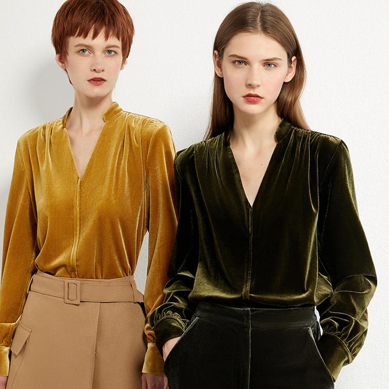 

2020 Spring Autumn Women Shirts Yellow Plain Loose Vintage Blouses Female Tops Loose V-neck Hong Kong Style Blouses, Green