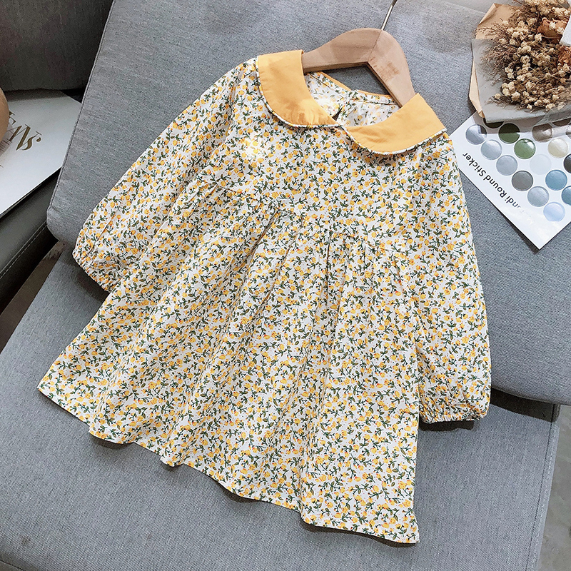 

New Spring Baby Kids Girl Turn-down Collar Floral Dresses For Girls Princess Dresses Autumn Kids Girl Dress Long Sleeve Dress W1227, 56577 yellow