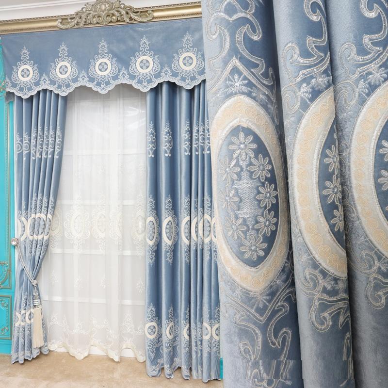 

Custom curtains luxury European living room embroidered thick velvet blue cloth blackout curtain tulle valance drape B651, Tulle sheer