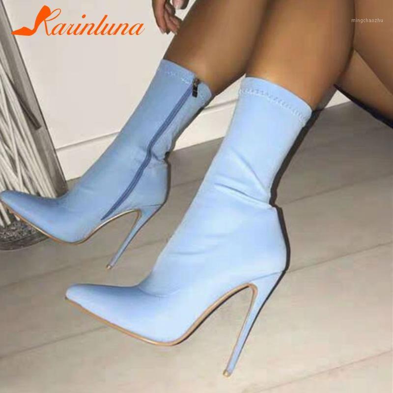 

Dropship Hot Sale 2020 New Fashion Brand women shoes Stretch Fabric Pointed Toe Thin High Heels 11 cm Sexy Ankle Boots1, Blue
