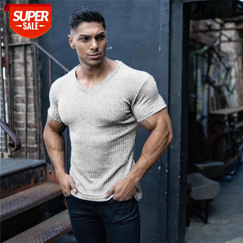

2020 New Summer Fitness Mens T shirt Thin Pullover Sweaters Solid vertical stripes V Neck Short sleeve Knitwear Top Tees Male #qW5G, White;black
