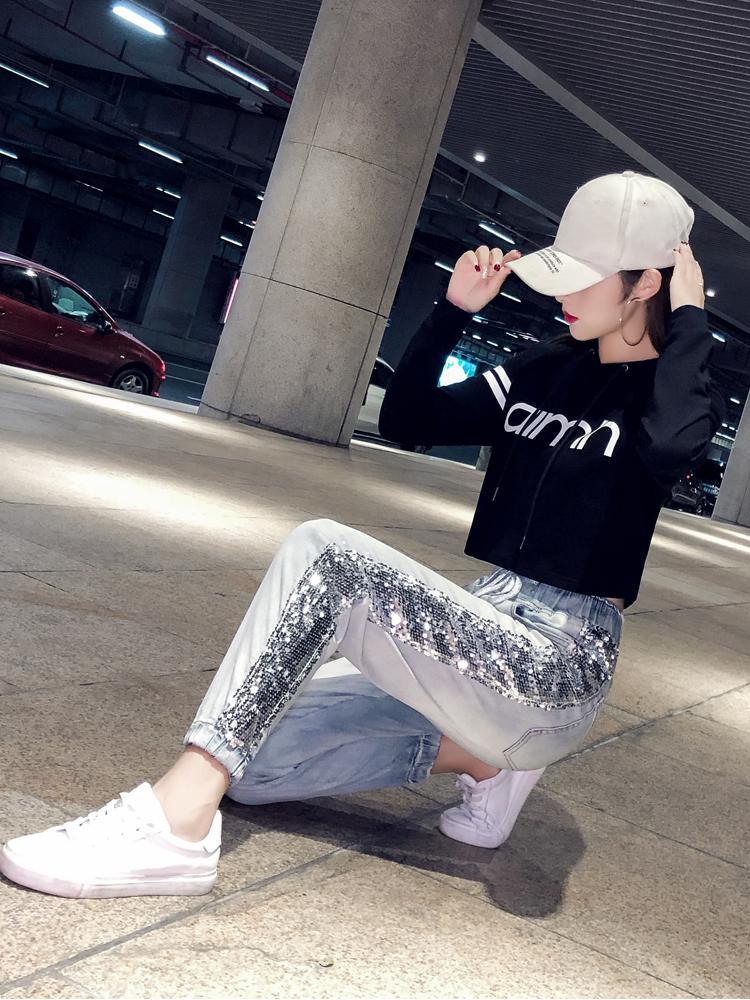 

Women Pants Sequins Elastic Waist Net Red Jeans Female New Summer Hole Loose Nine Points Harem Pants Tide Thin