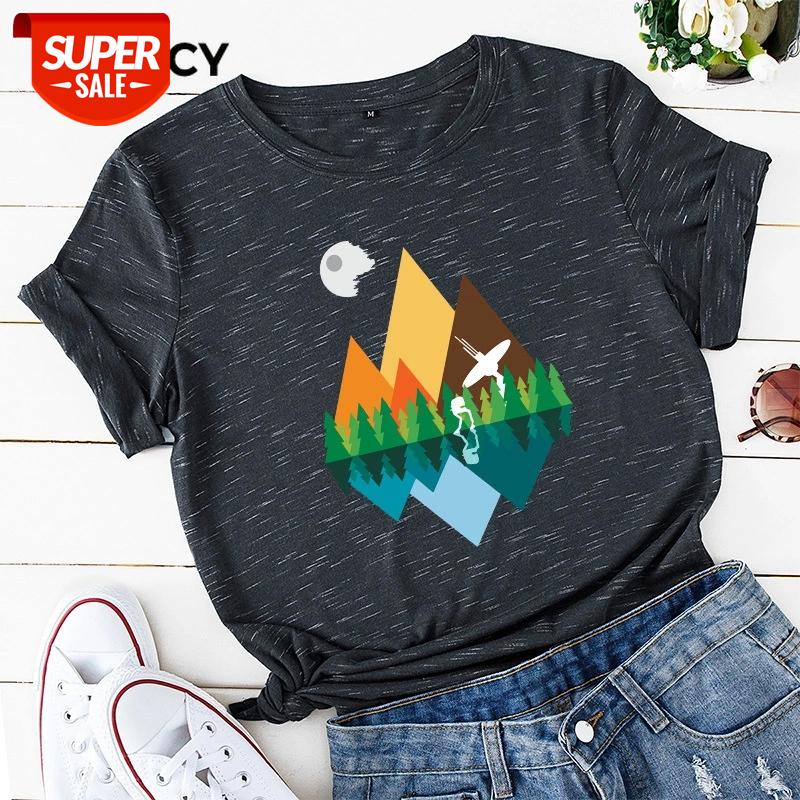 

JFUNCY Plus Size 100% Cotton Summer Tshirt Mountain Printed Women T-Shirt Short Sleeve Woman Tee Tops Female Loose T Shirt #YO9y, White