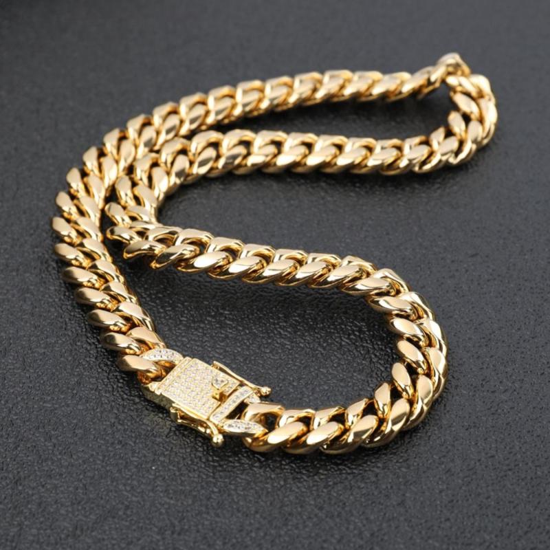 

Hip hop 14mm Men Cuban Miami Chain Necklace Stainless steel CZ Clasp Bling Iced Out Gold Casting Chain Jewelry Dropshing