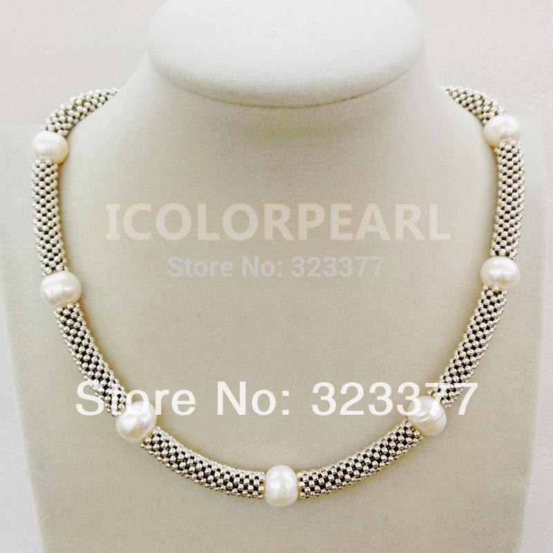 

WEICOLOR Big10-11mm White Potato Shaped Freshwater Pearl Necklace With Silver Snow Flower Items. Gift For Mothers