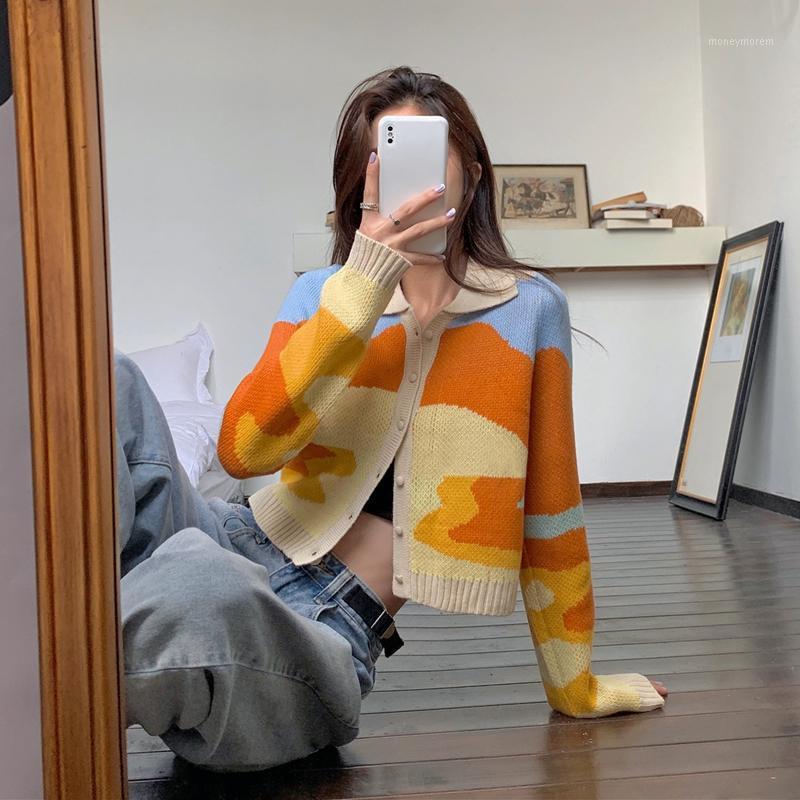 

Retro sunset oil painting knit sweater autumn new women' thin lapel long-sleeved thin cardigan slim top1, Yellow