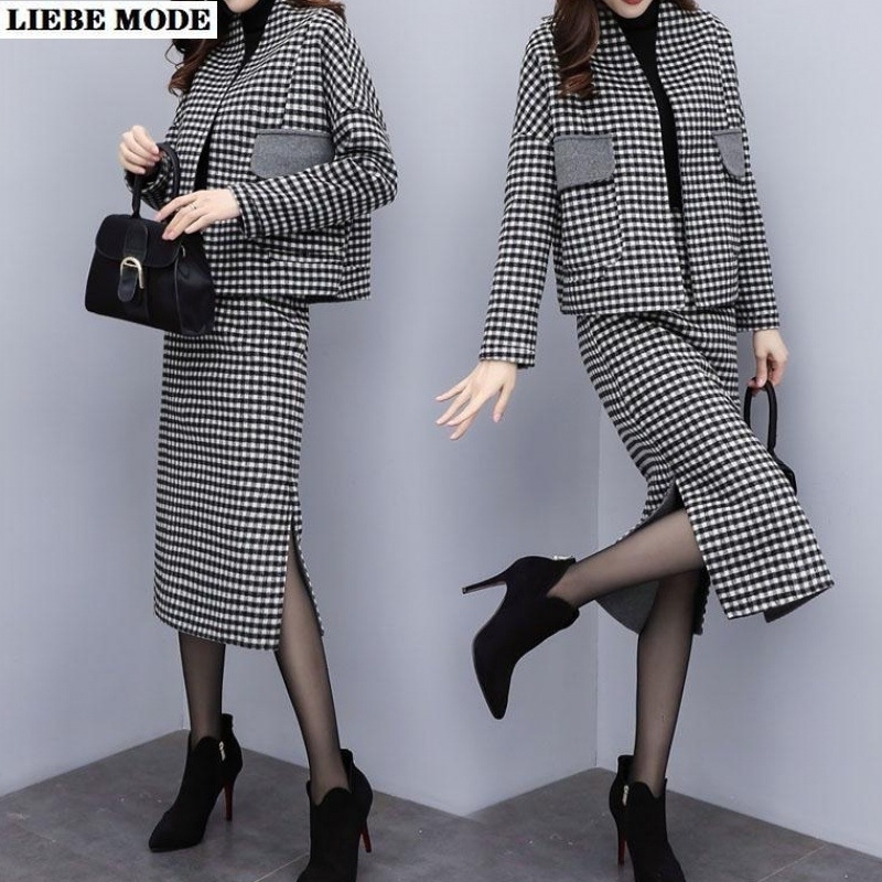 

Women Autumn Business Long Skirt Suits for Women Jacket and Skirt Female Casual Plaid Outfits 2 Piece Knee Length Skirts Set 201130