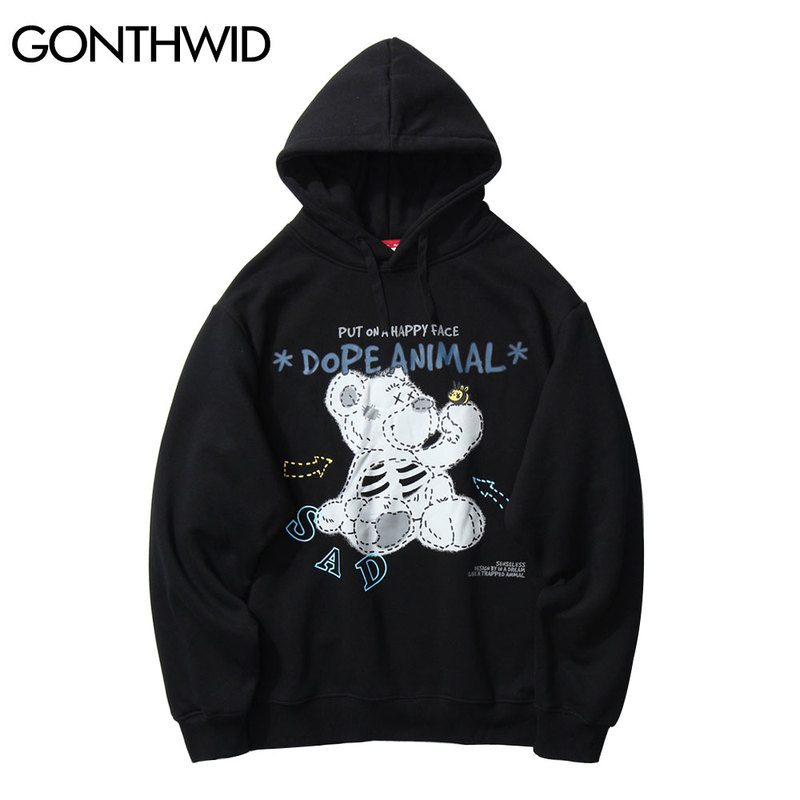 

Smiley Toy Bear Bee Print Harajuku Hooded Hoodies Streetwear Men Hip Hop Sweatshirts Male Casual Fashion Pullover Tops, White