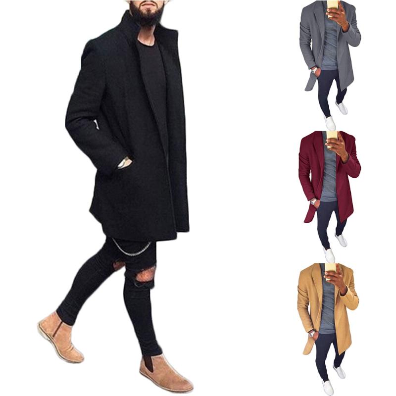 

Men's Wool & Blends Autumn Winter Coat Men Fashion Mid-long Jacket Turn Down Collar Overcoat Solid Color Slim Fit Male Trench, Yellow