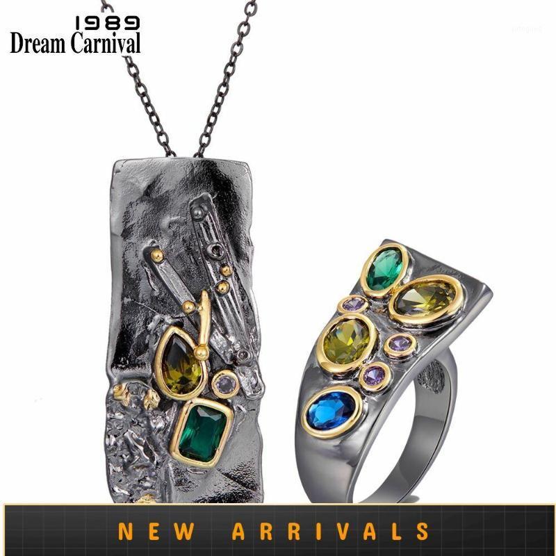 

Earrings & Necklace DreamCarnival1989 Color Zircon Gothic Collection Rectangle Pendant Ring Set Women Exaggerated Personality PR6678S21, As pic