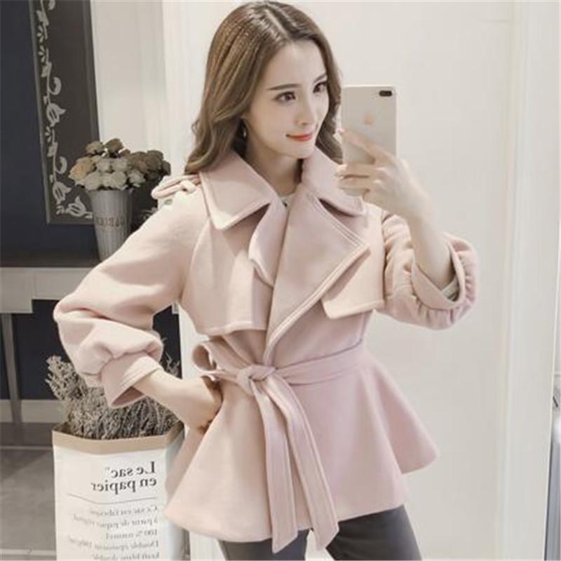 

Waist was thin woolen short coat women wool pink coat womens lantern sleeve outerwear woman classic lapel badge abrigos mujer