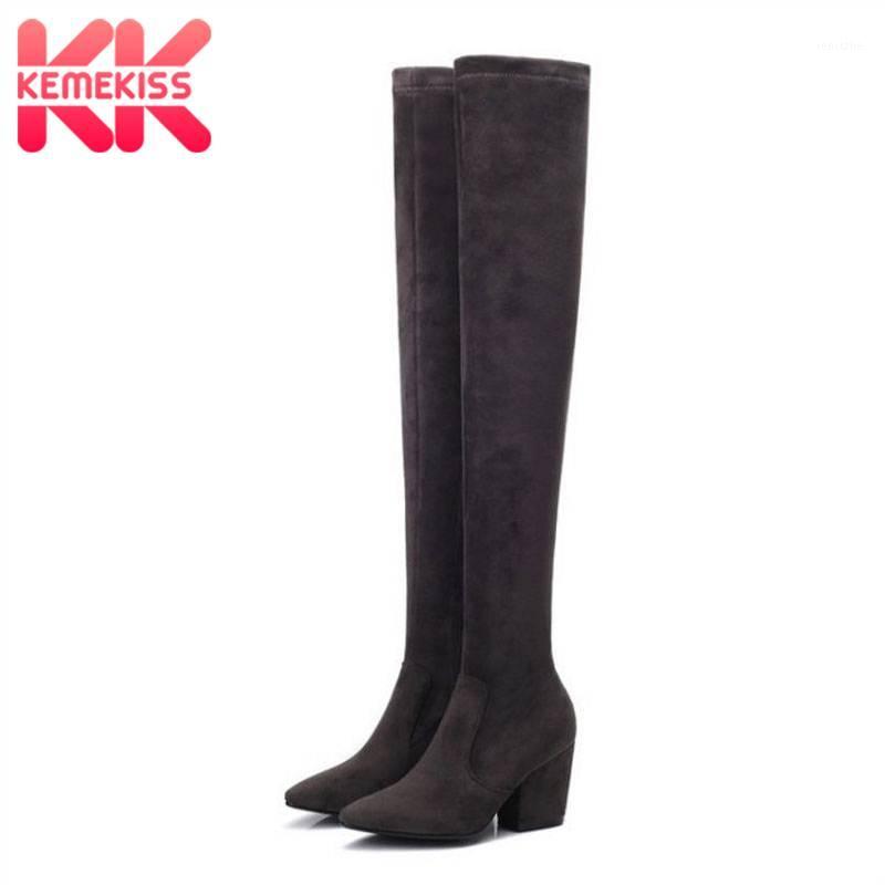 

KemeKiss Brand New Stretch Over Knee Boots Winter Square Heels Comfort Walk Winter Shoes Women Warm Fur Sexy Footwear Size 32-431, Gray