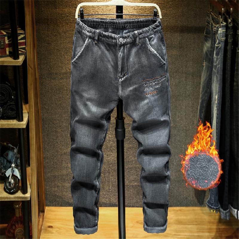 

Classic Plush Harlan Jeans Men's Winter Spring Oversize Warm Denim Pants Embroidery Casual Male Cowboys Trousers Plus Size -7XL, Black grey