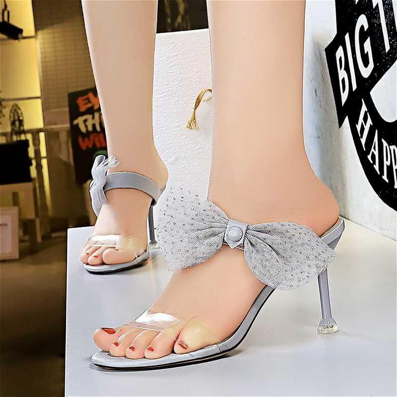 

2020 fashion lace Butterfly-knot outside slippers for women high heel 8cm pump flip flops Summer shoes Thin Heels Slides clear1, Beige