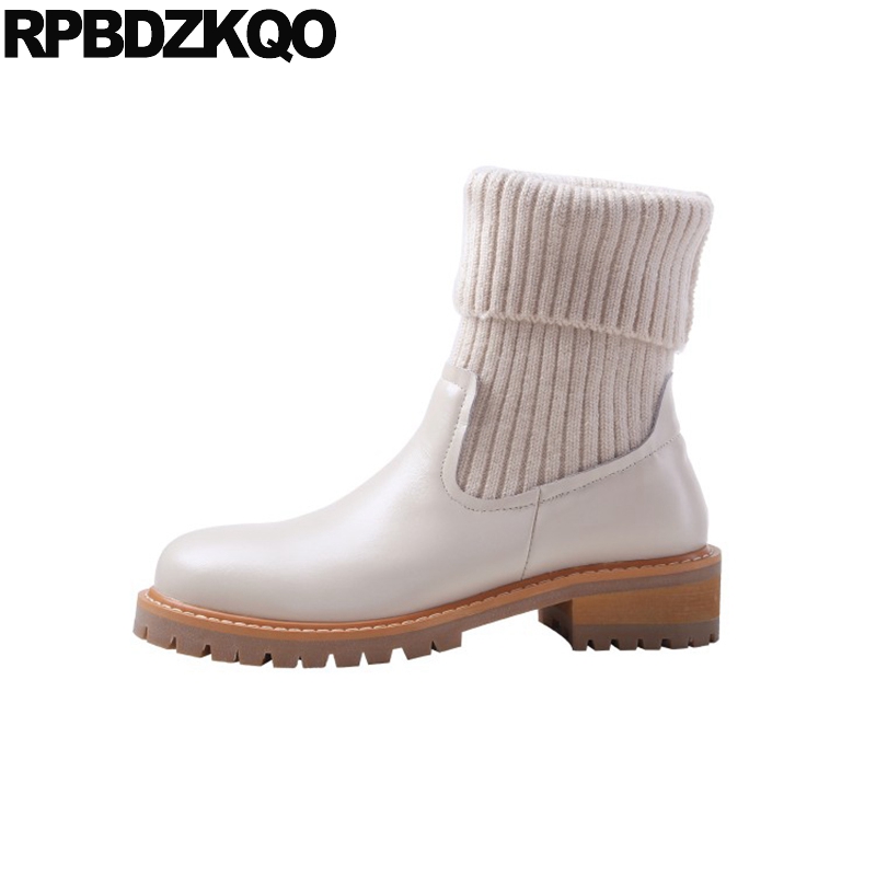 

knit beige european mid calf fur chunky block genuine leather round toe fall winter brand designer shoes women luxury 2020 boots