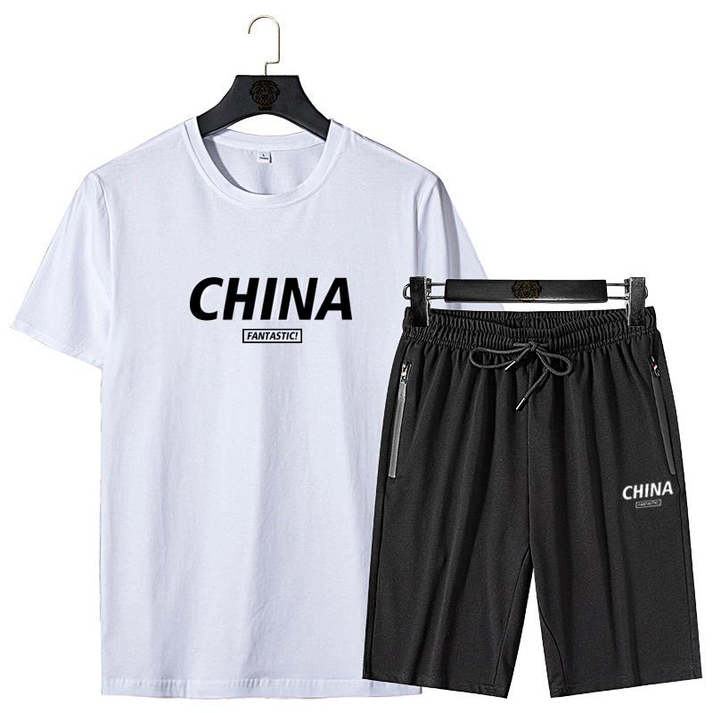 

2020 men's summer new short sleeve cotton leisure sports suit clothing fashion fitness suit, Red