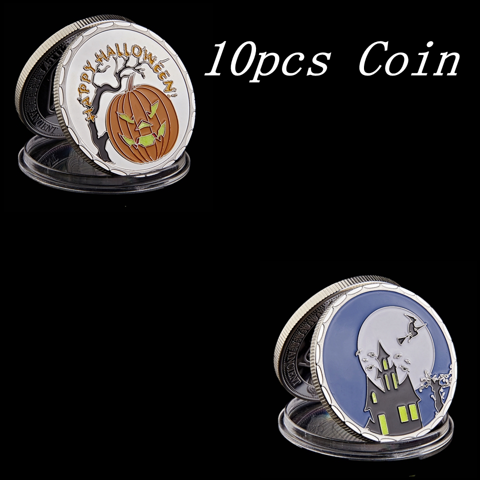 10pcs Happy Halloween Party Silver Plated Coins Craft Fluorescence Pumpkin Window Fluorescent Fantasy Gift-image-602071284