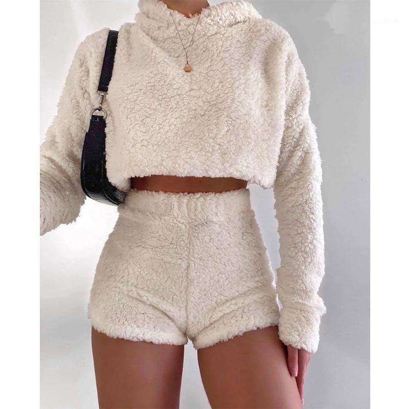 

Two Piece Set Women Sweater +Mini short Suit Plush Long sleeve Fleece Sweatshirts Tops 2 Pieces Set Women Knitted Tracksuit#31, Beige