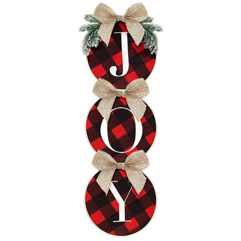 

Christmas Decorations - Joy Sign - Check Plaid Wreath for Front Door -Home Window Wall Farmhouse Indoor Outdoor, Red balck