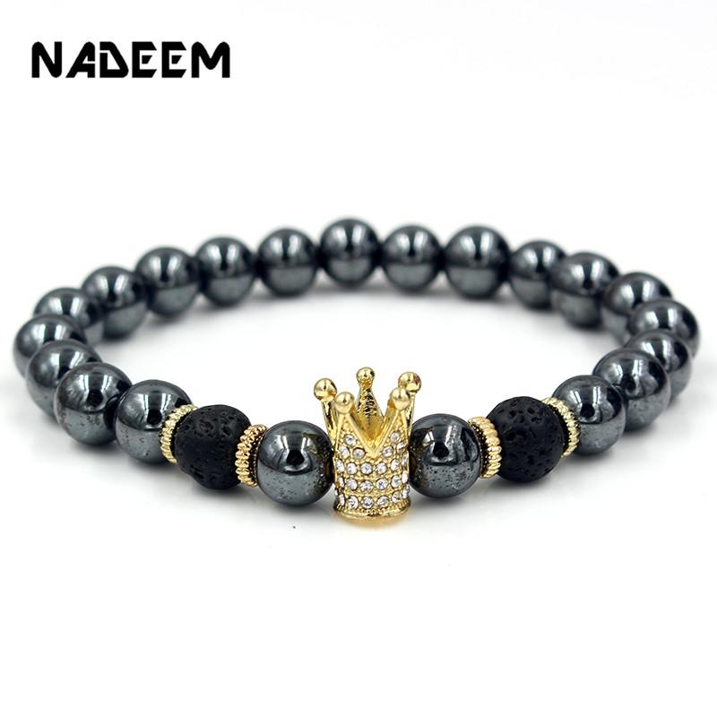 

Charm Bracelets Natural Hematite Stone Pave CZ Crown Women Men's Beaded Elastic Healthy Yogi Bracelet Bangle Male Gift