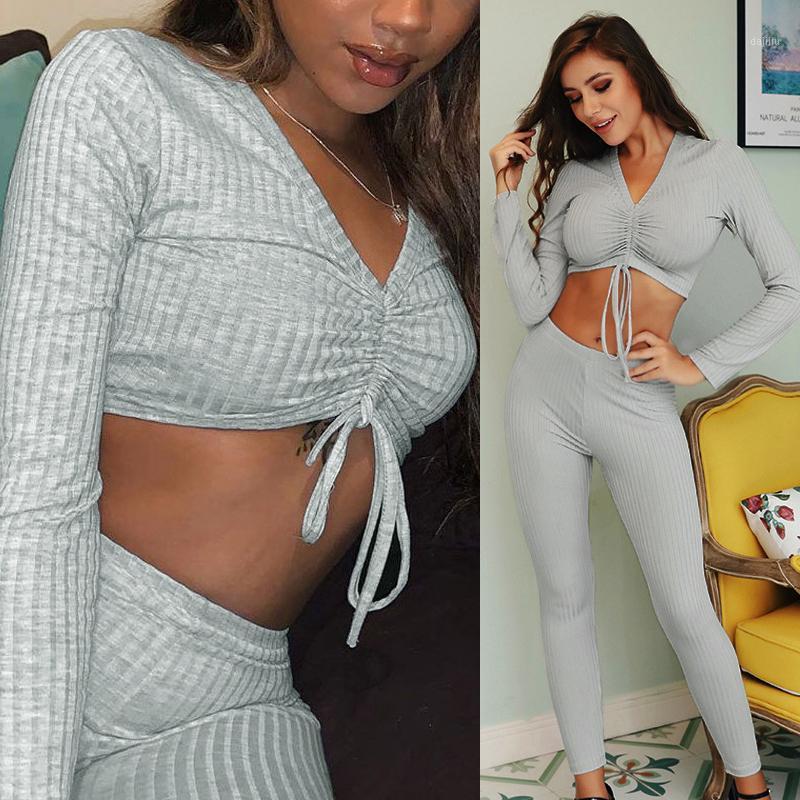 

2020 Women' Yoga Suit Sexy Drawstring Hang Strip Casual Long Sleeve Exposed Navel V Neck Grey Sport Bra Gym Workout Fitness Set1, Gray