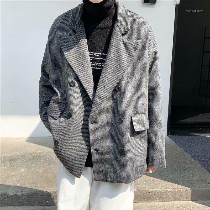 

2020 Autumn And Winter New Youth Fashion Loose Solid Color Big Pocket Woolen Coat Fashionable Casual Double-breasted Top1, Gray