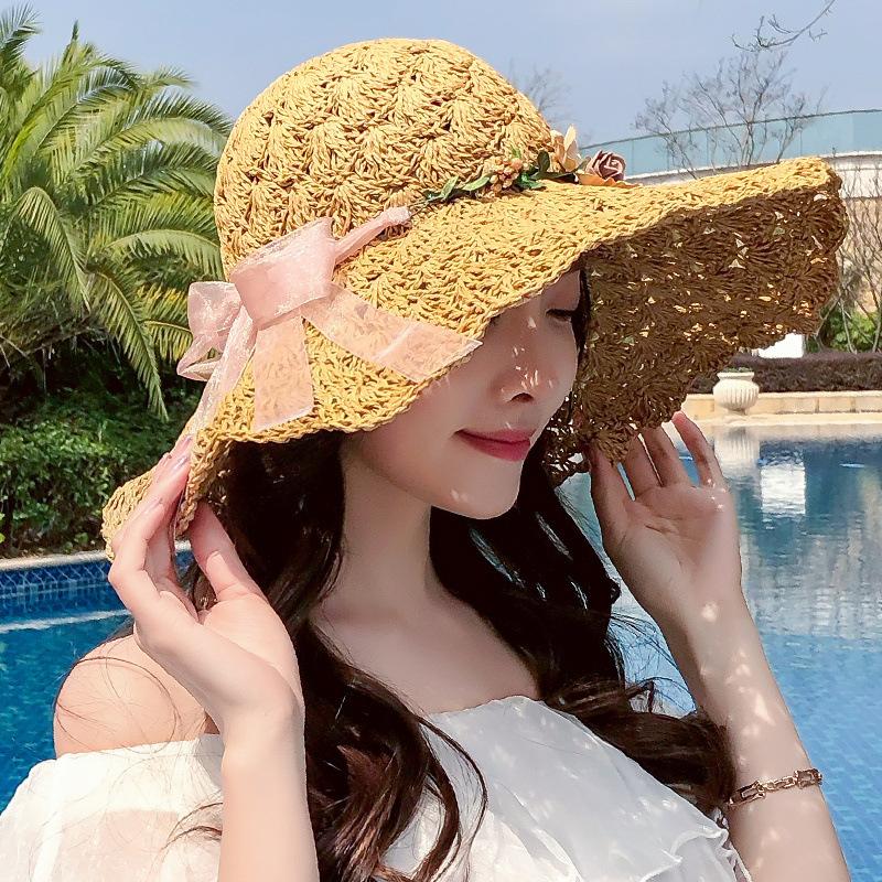 

Women Lace Bowknot Sunhats For Wide Brim Straw Beach Side Cap Floppy Female Hollow Caps Solid Fringe Girls Summer Holiday, Red