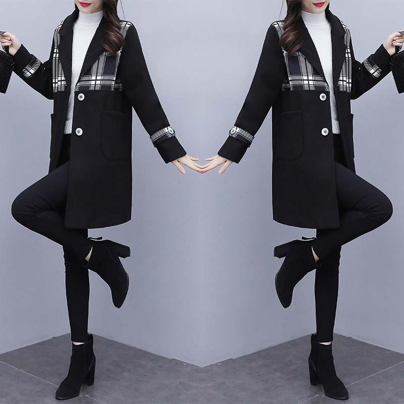 

2021 Autumn and New Winter Mid-length Korean-style Fashion Houndstooth Sewing Short-height Wool Jacket for Woman 1X7W, Black