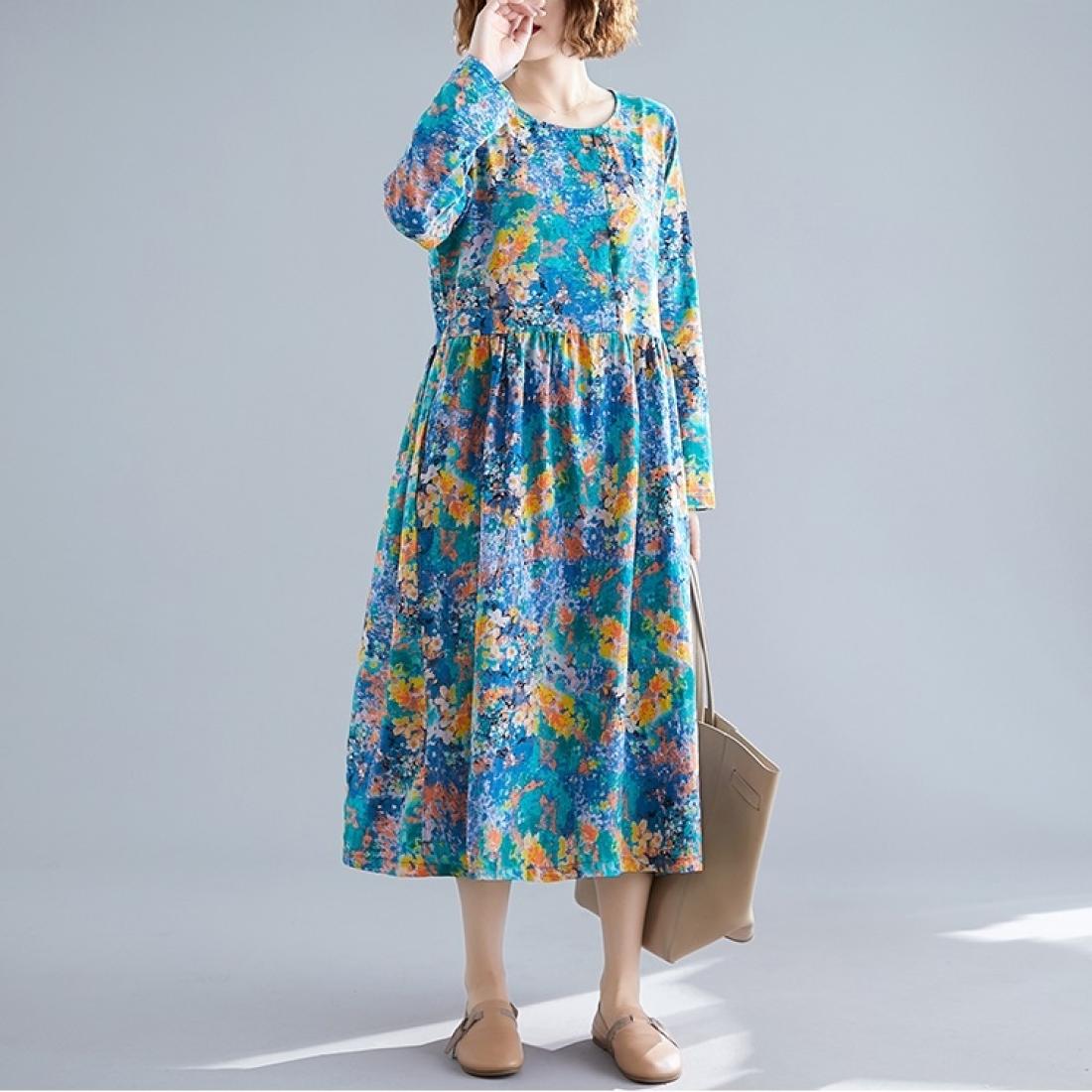 

Loose Mid-length Ethnic Style Womens Long-sleeved Printed Cotton And Linen Dress