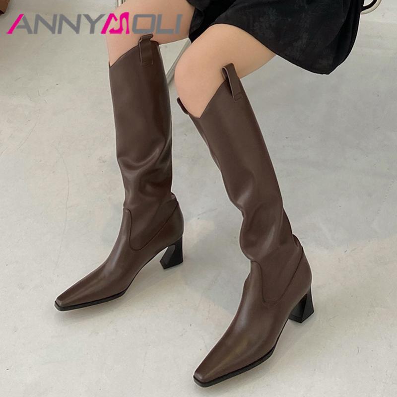 

ANNYMOLI Pleated Real Leather High Heel Western Boots Women Knee High Boots Shoes Square Toe Strange Style Heels Long Lady, Black synthetic lin