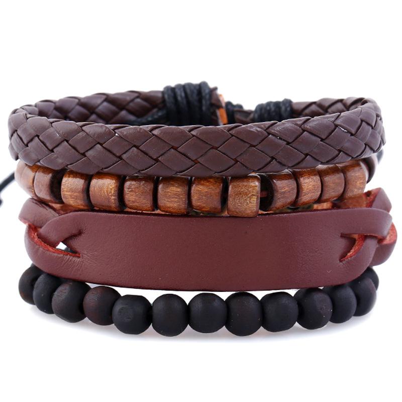 

DIY Vintage 4 Pcs/set Handmade Woven Beads Strand Men Brown Leather Bracelets For Women Homme Femme Homme Jewelry