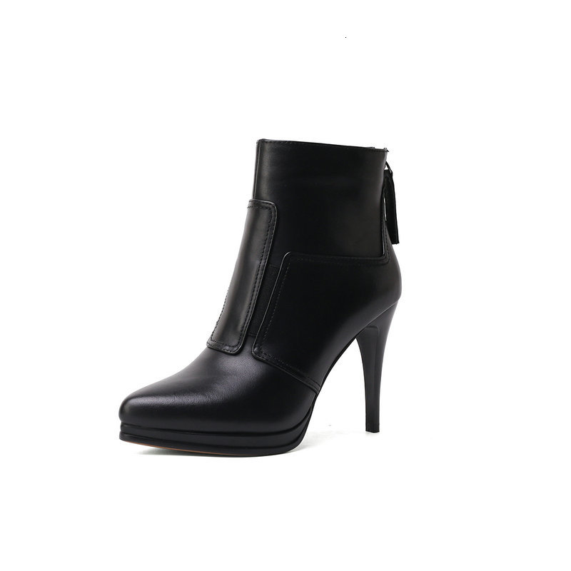 

2021 New Genuine Leather Back Short High Heels Ankle Women Autumn Winter Boots Party Office Shoes Woman Pointed Toe Vrwy, Cow