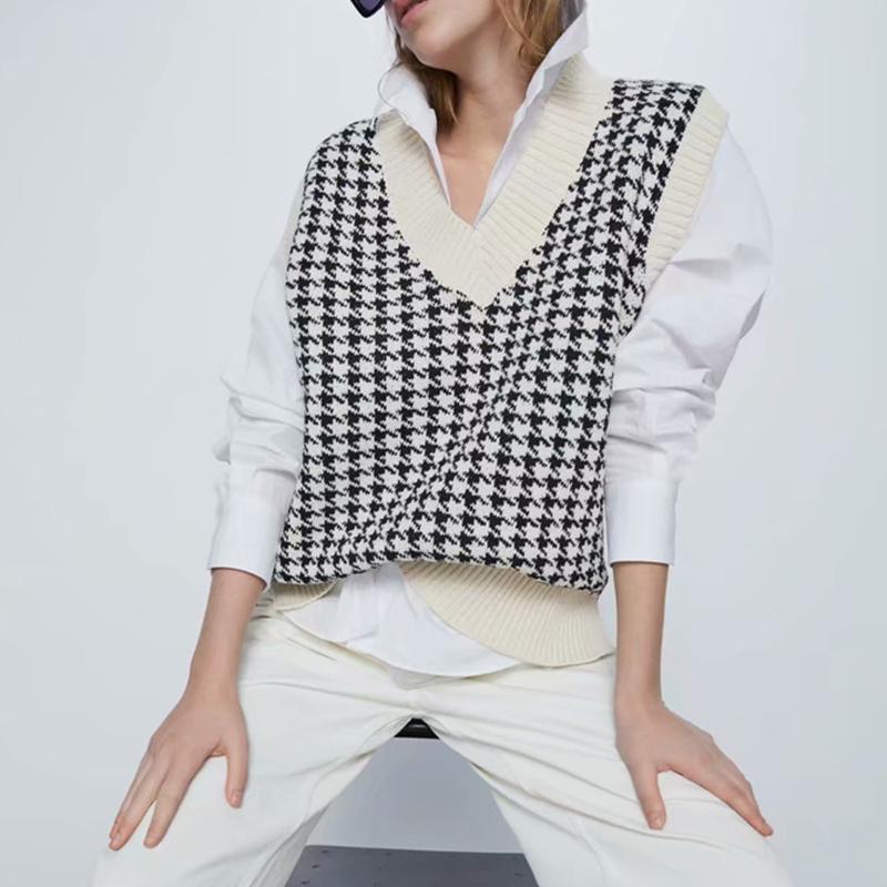 

New Houndstooth Loose Knit Vest women' plaid pullover casual loose fashion hot Sweater sleeveless knitting spring fall, Black