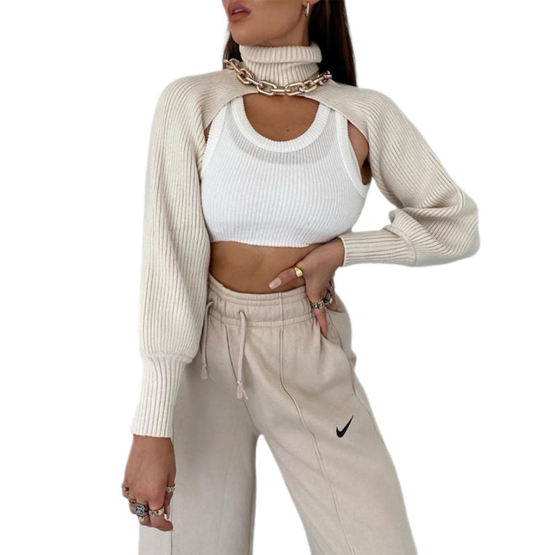 

Women Sweater Solid Color High Collar Long Puff Sleeve Knitwear Pullover Autumn Tops, Beige