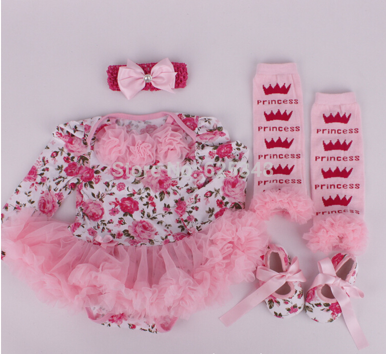 

2021 New Autumn Christmas Clothes Floral Newborn Romper with Tutu +head Band+shoes+leggings 4pcs/set Baby Clothing Set Wbqy, Pink
