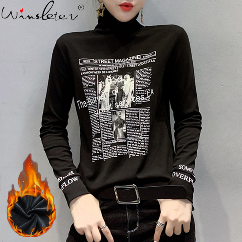

New Autumn Winter Women Letter Print T-shirt Casual Long Sleeve Newspaper Graphic Bottoming Female Warm Fleece Tops T07839B 201125, Black with fleece