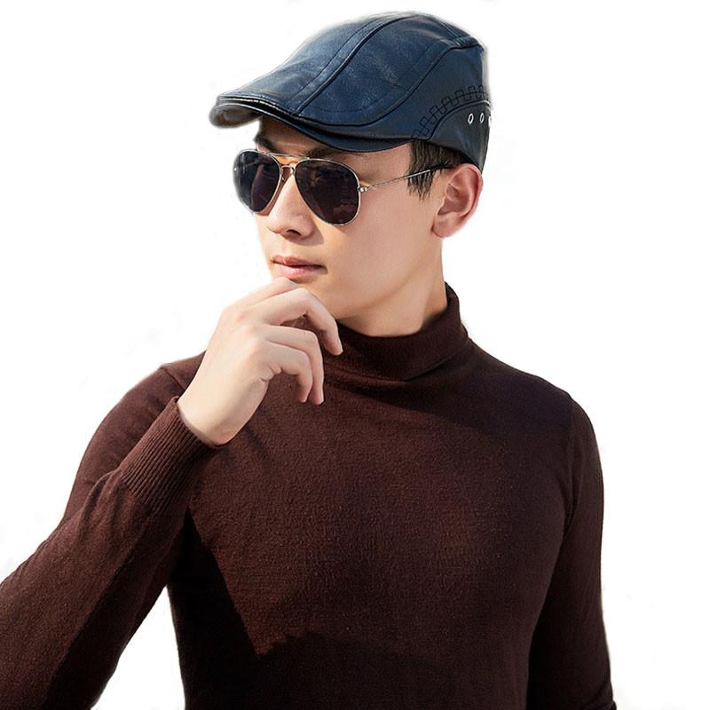 

New European And American Trend Leather Men's Peaked Caps With Perforated Straps Design, Black
