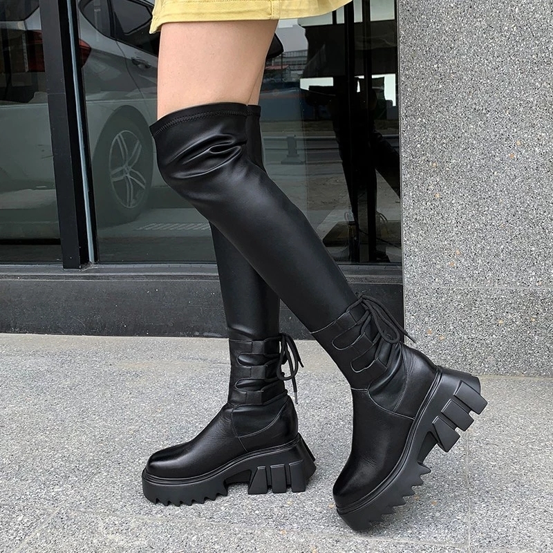 

New Black 2021 Chunky on the Knee Women's Lace Up to Shoes Thigh High Female Thick Spring Sole Mujer Boots XTO3, Short boots